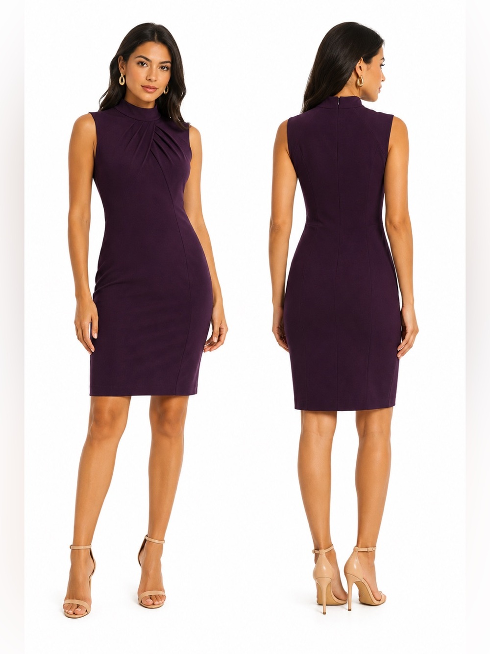 Calvin Klein Plum Mock Neck Pleated Sheath Career Cocktail Dress Purple Fall